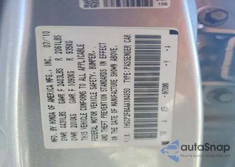 2010 Honda Accord Exl from USA, damaged, VIN 1HGCP2F84AA184650